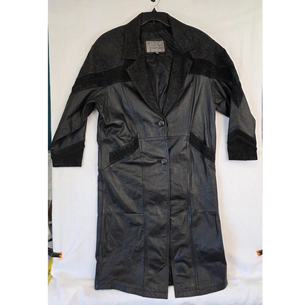 International Outerwear Leather Trench Coat M Black Paisley Western Vintage Long